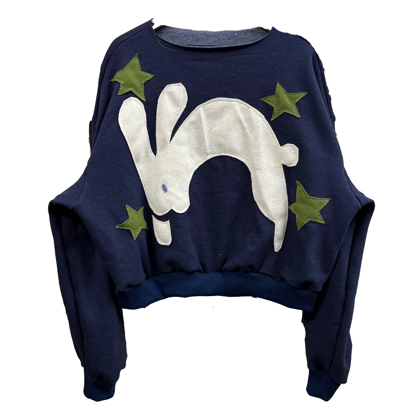 Chartreuse Hopper  -  Navy Baby Fleece Raw Neck Crewneck