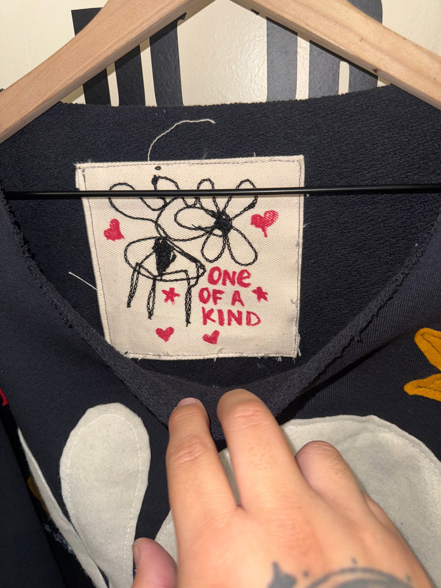 Red and Gold Hopper - 1/1  Washed Black Raw Neck Crewneck