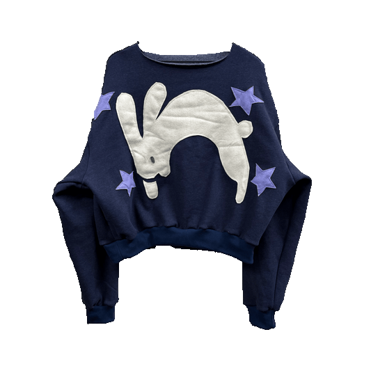 Lavendar Hopper  -  Navy Baby Fleece Raw Neck Crewneck