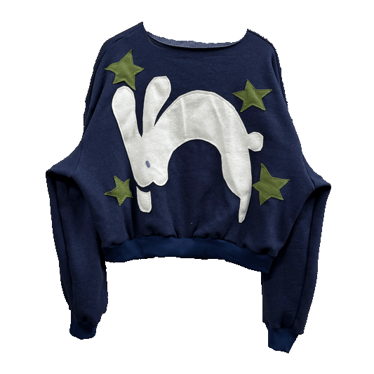 Chartreuse Hopper  -  Navy Baby Fleece Raw Neck Crewneck