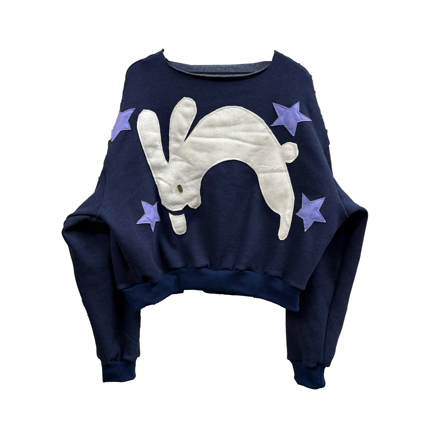 Lavendar Hopper  -  Navy Baby Fleece Raw Neck Crewneck