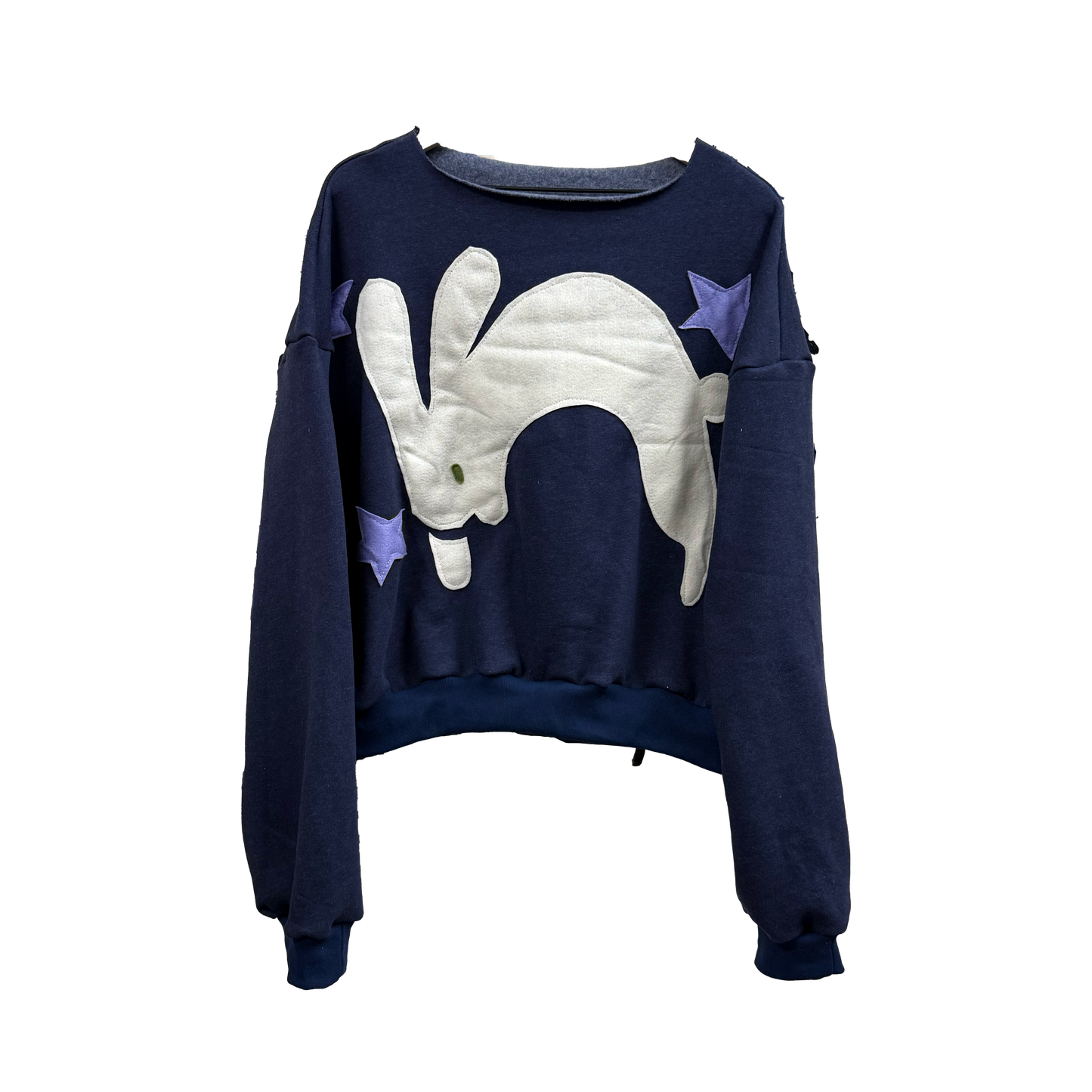 Lavendar Hopper  -  Navy Baby Fleece Raw Neck Crewneck